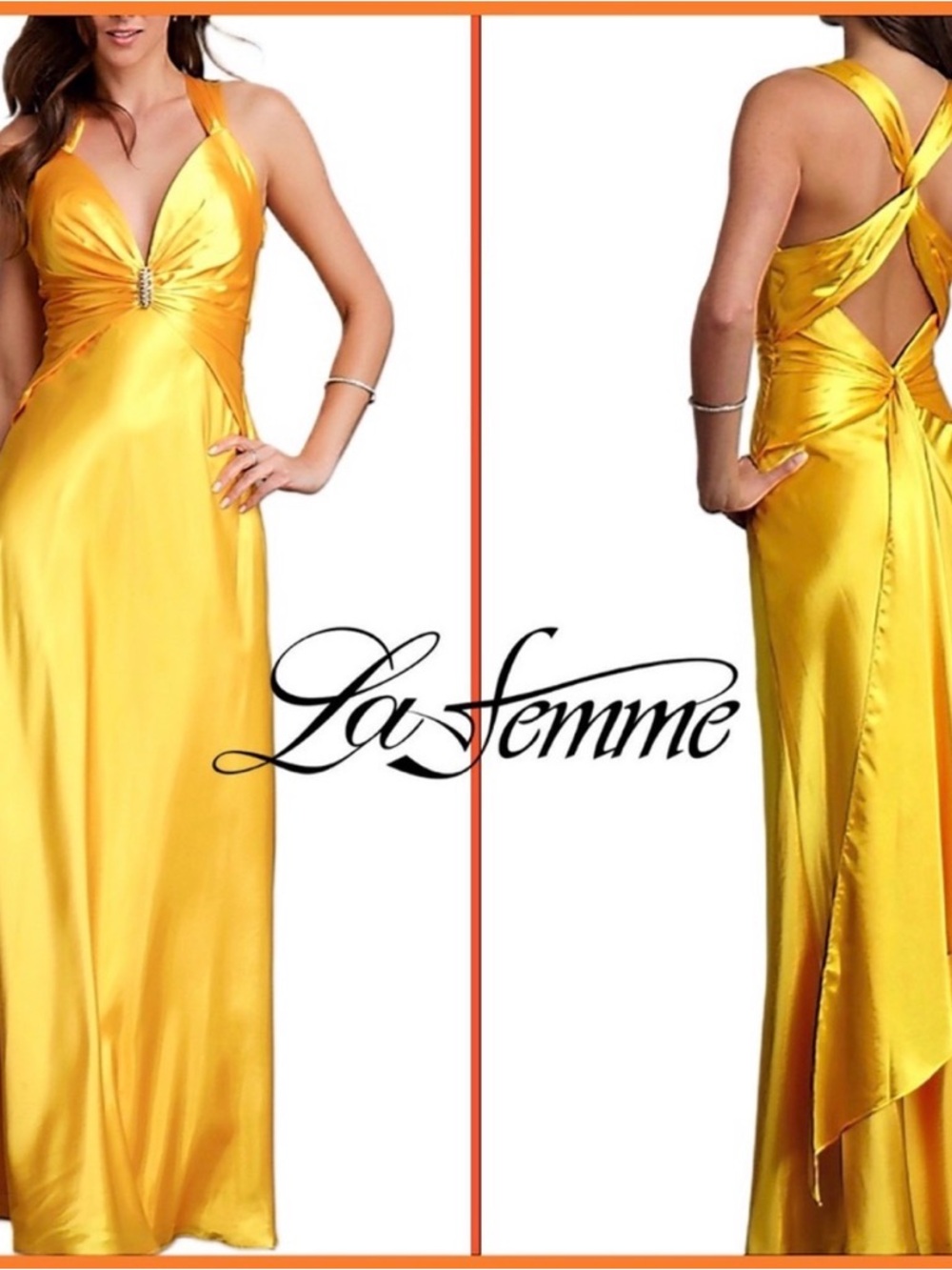 La Femme Yellow Satin Halter V-Neck Prom Gown